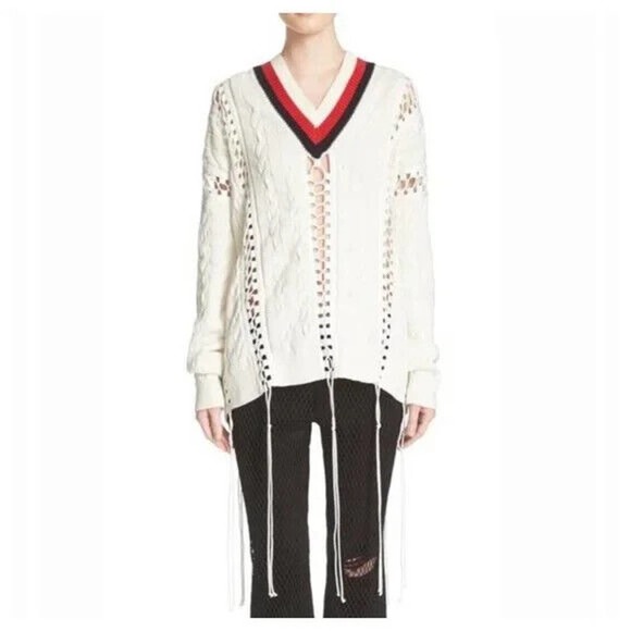 Alexander Wang Cricket Cable Knit Pullover Flights Lace Up Sweater White… - Picture 13 of 16